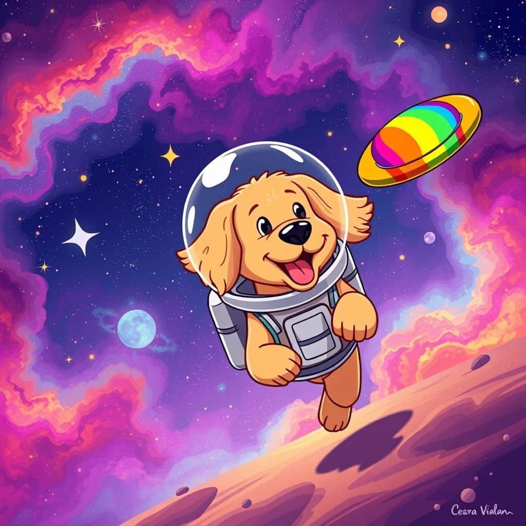 Golden Retriever Soars Through Cosmos in Vibrant Cartoon Sty...