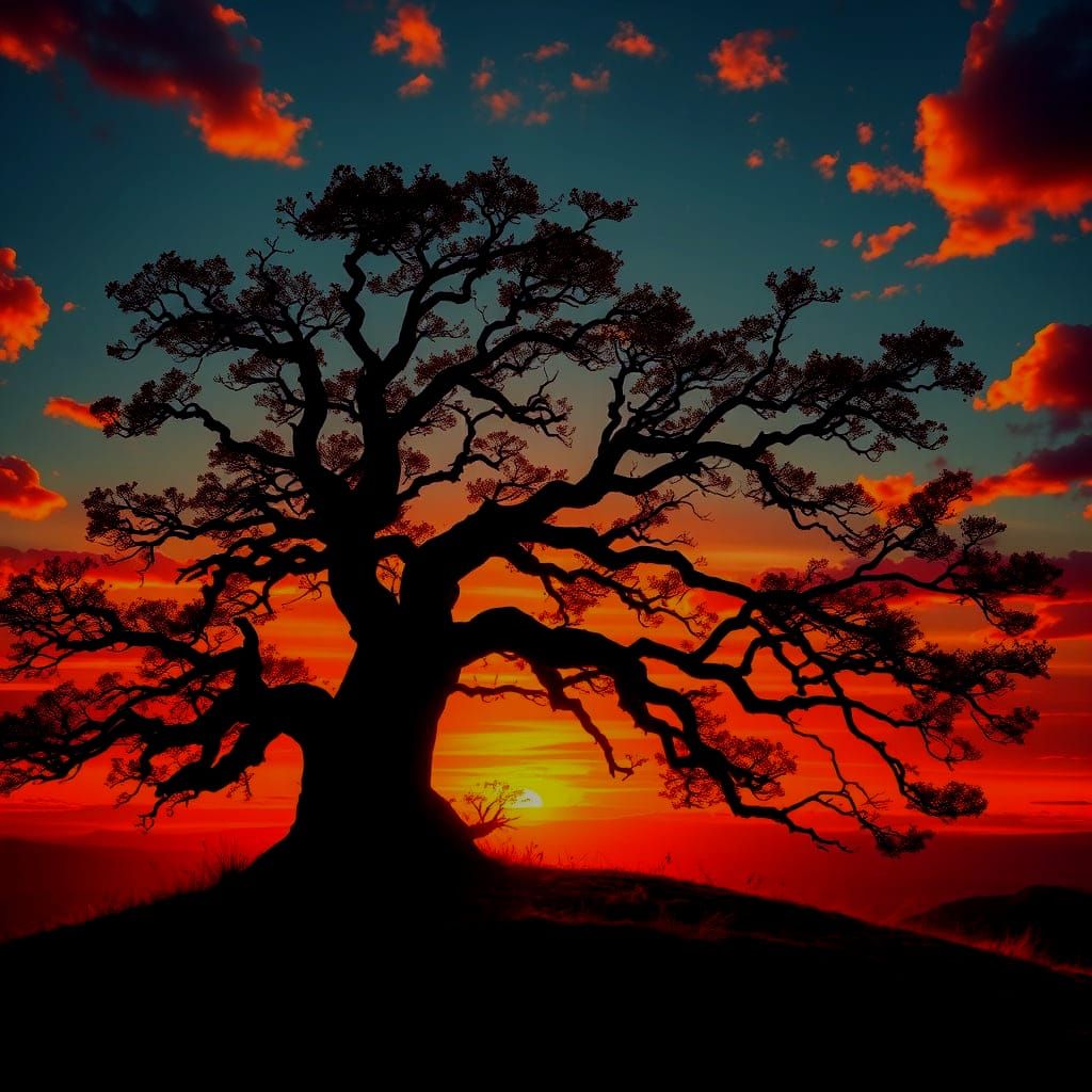 Ancient Oak Tree Silhouetted at Fiery Sunset