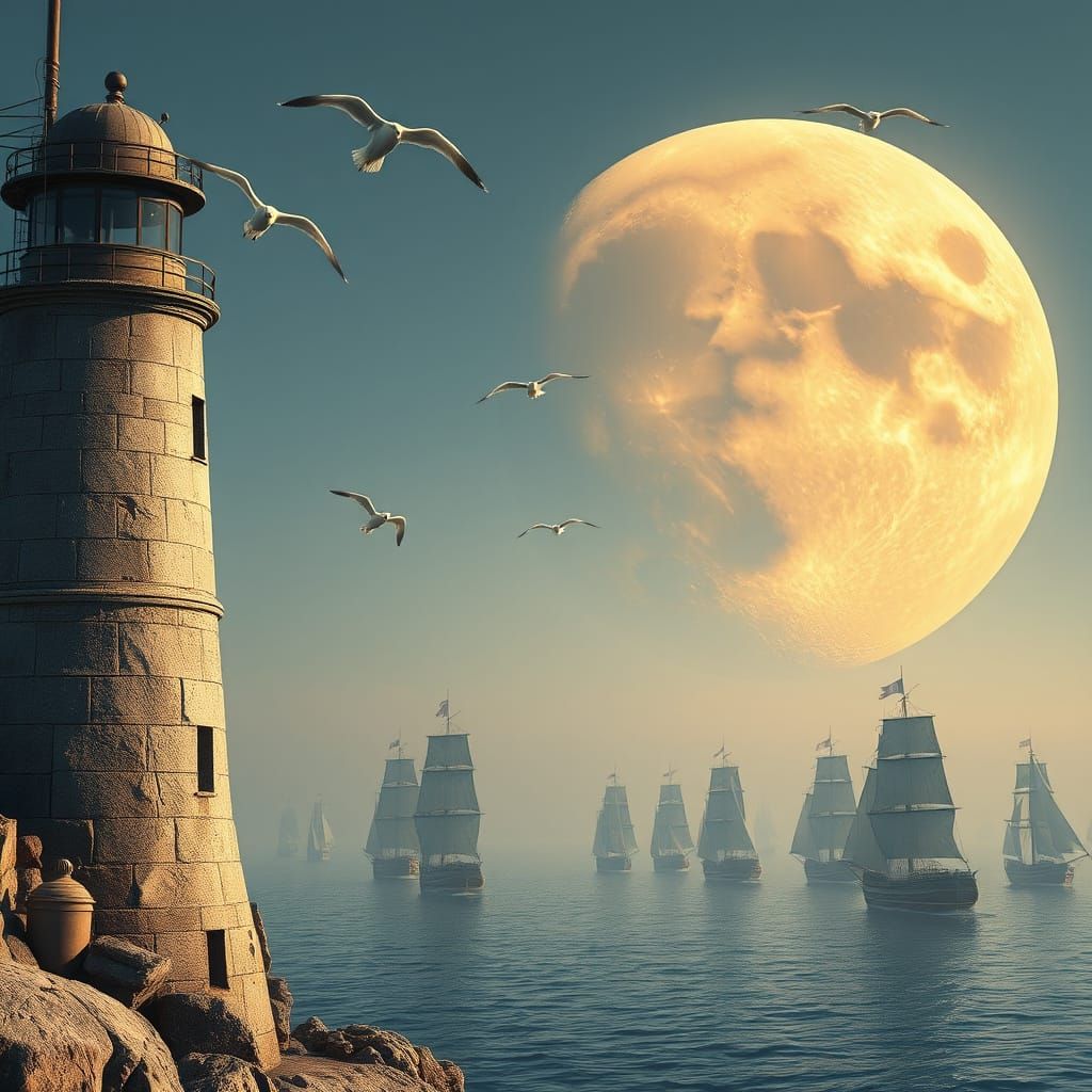 Weathered Lighthouse Under a Bronze Moonlit Sky