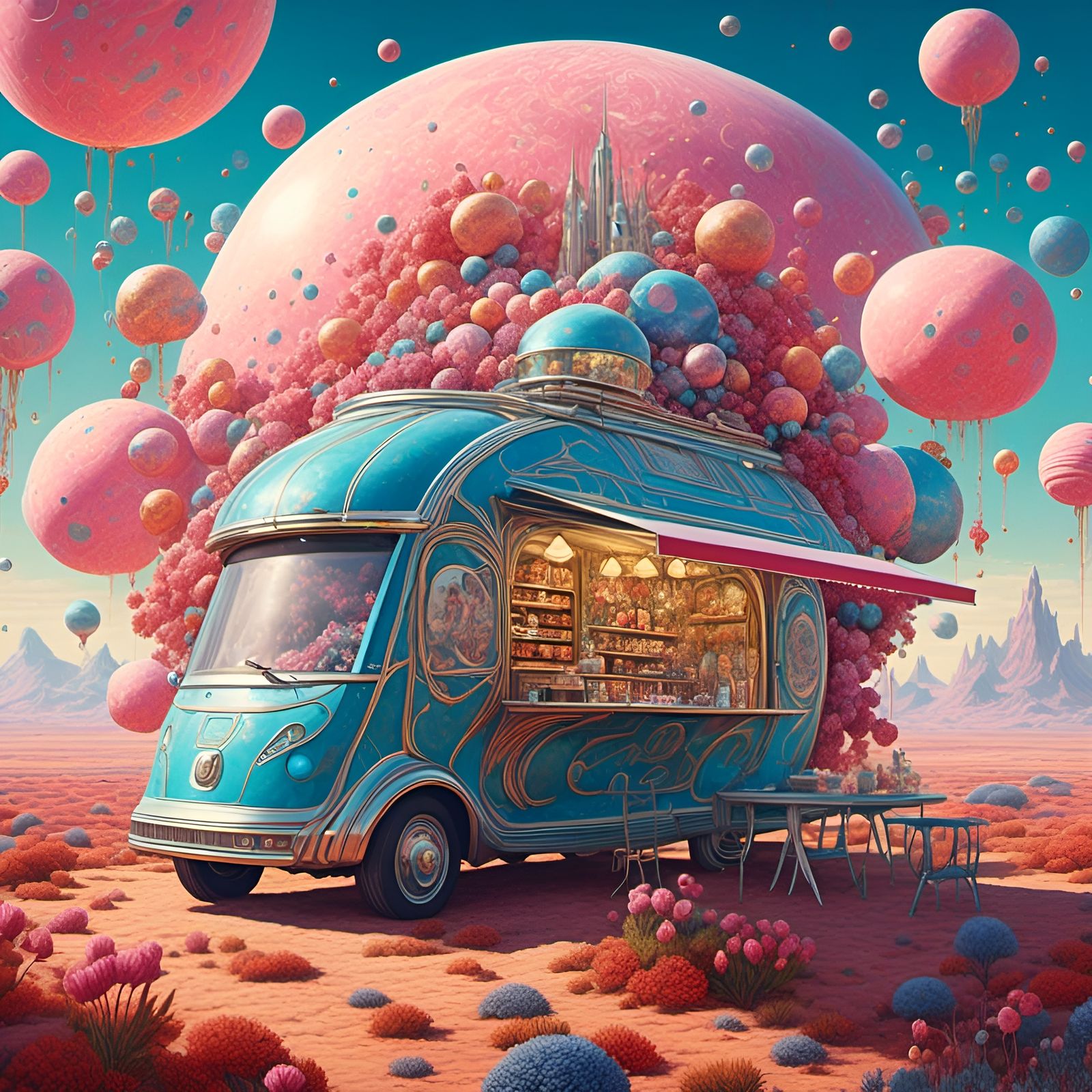Futuristic Food Truck on Mars in Surreal Steampunk
