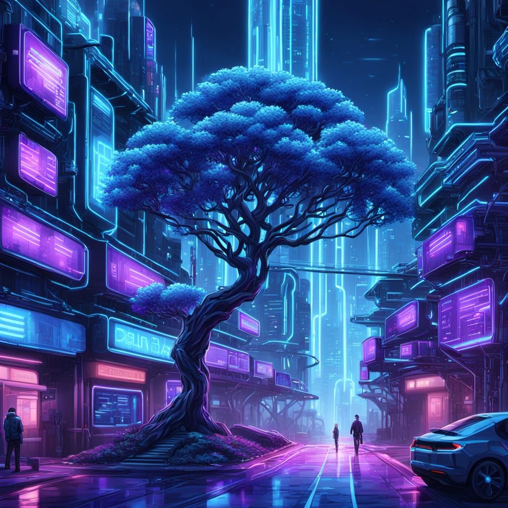 Futuristic Artificial Rowan Tree in Sci-Fi Cityscape