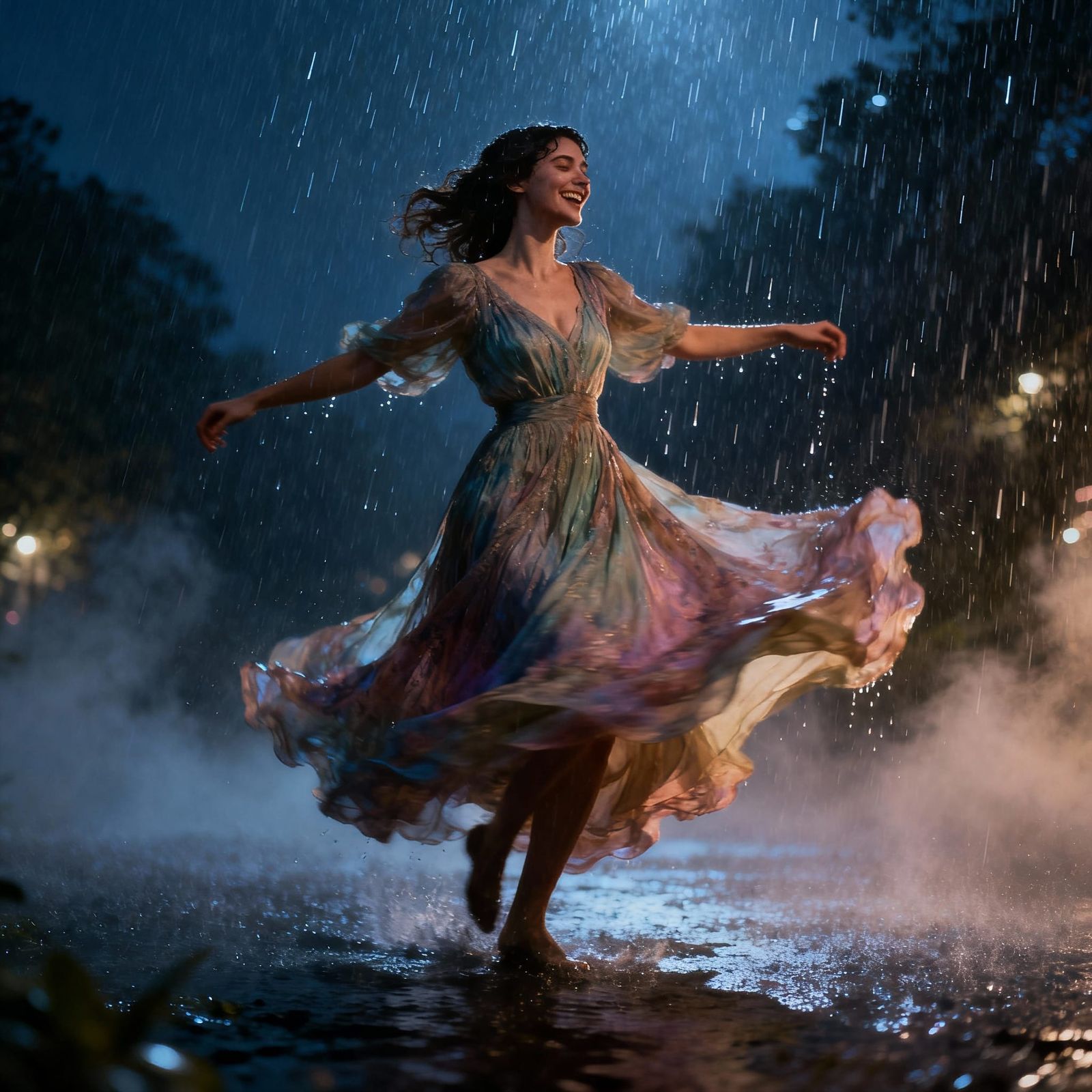 Woman Dancing Joyfully in Night Rain
