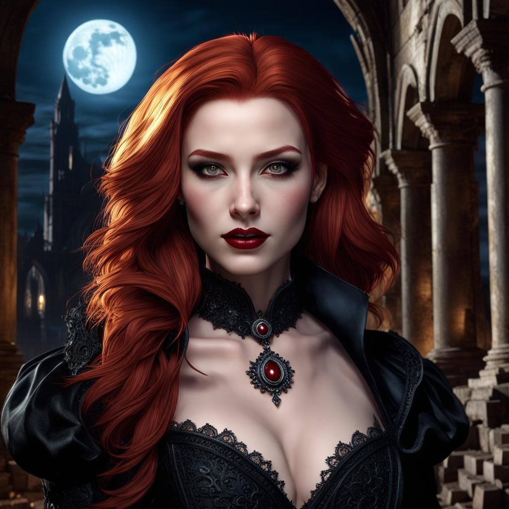 Redhead Vampire Portrait in Gothic Ruins