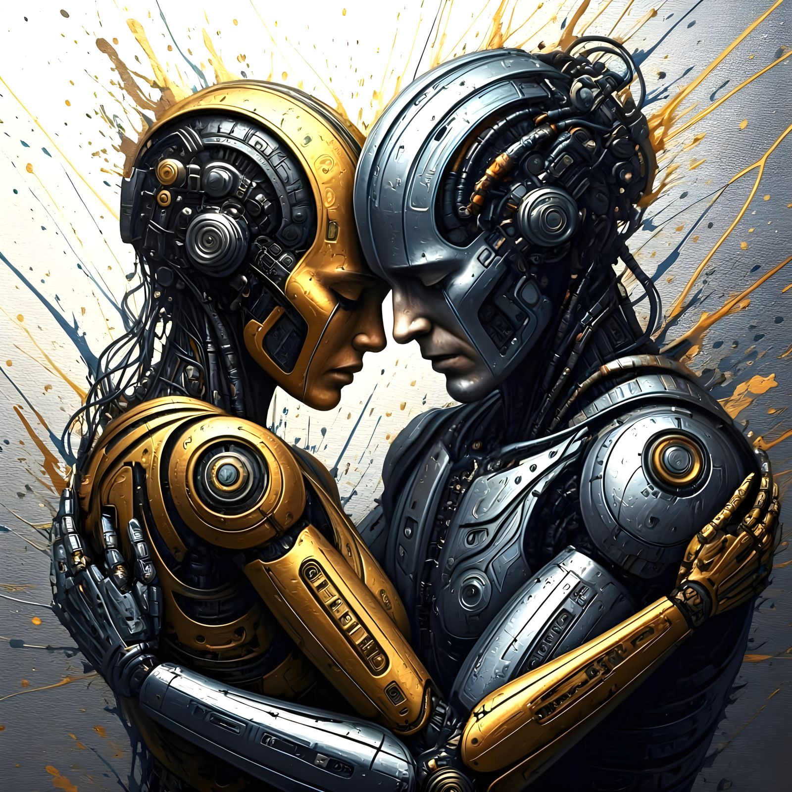Cyborg Couple Embrace in Ink Splatter Art