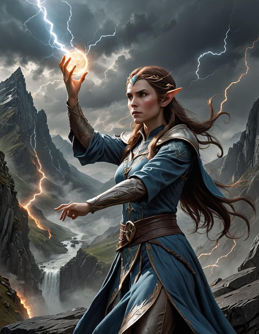 Elf Wizard Conjures Lightning Bolt in Hyperrealistic Style