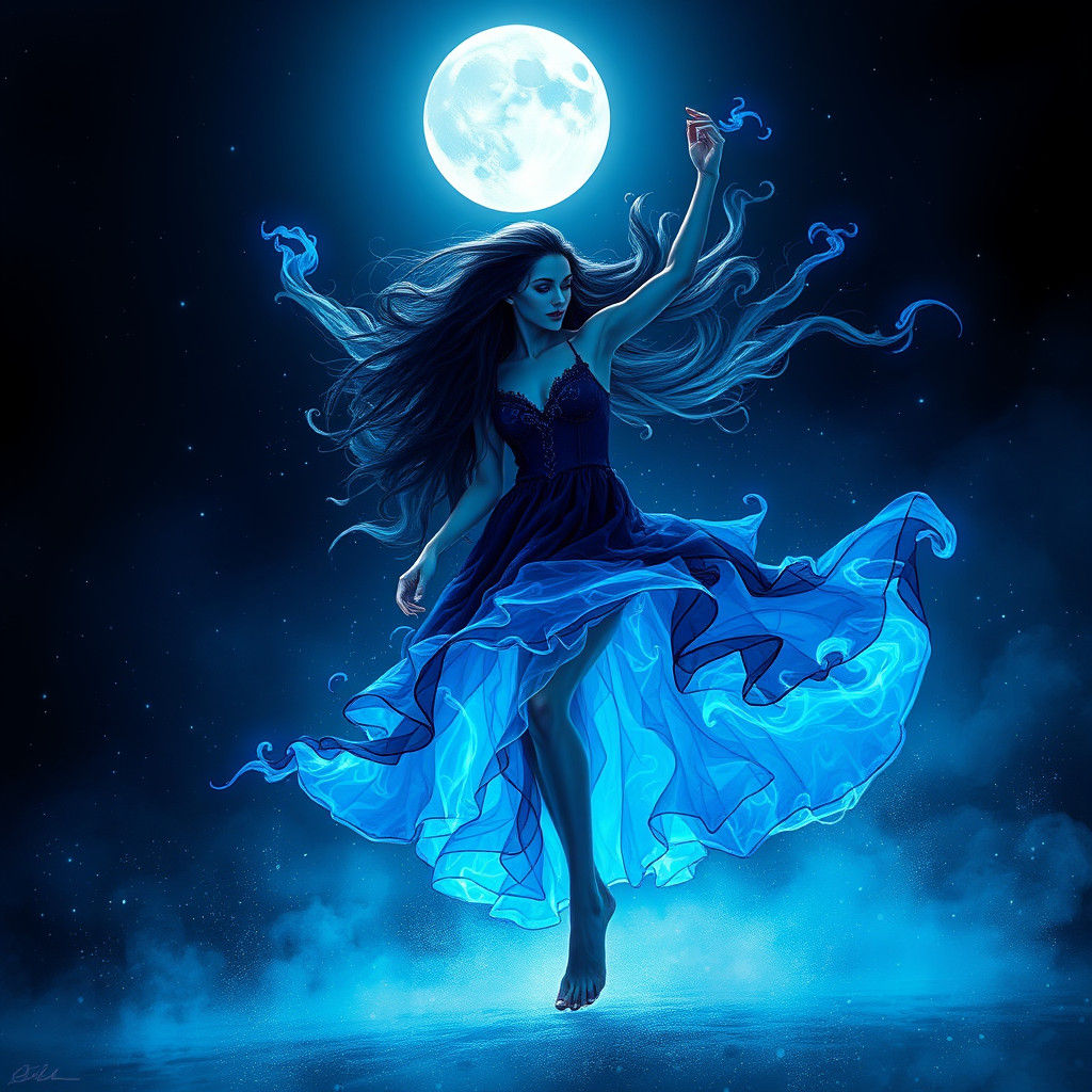 Mystical Woman Dancing Under Electric Blue Flames