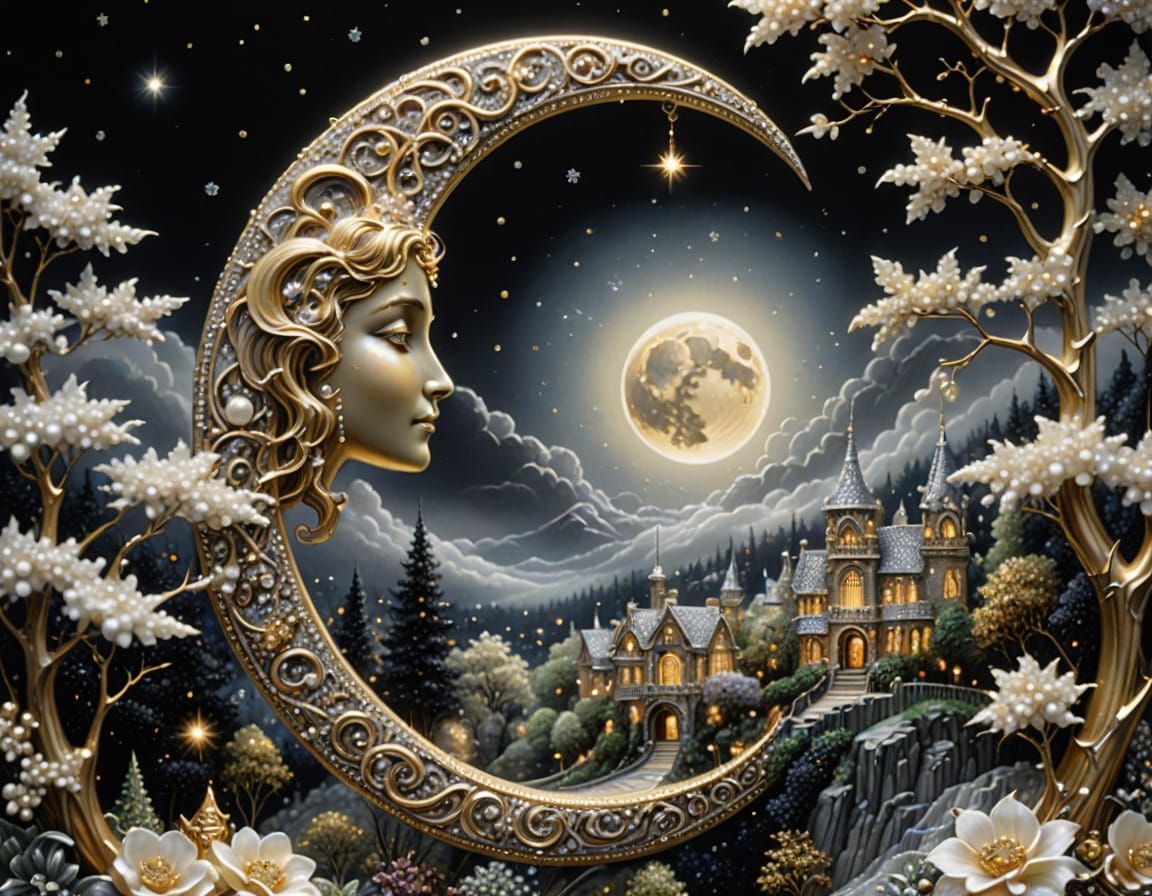 Golden Crescent Moon With Pearl, Diamond, And Silver City