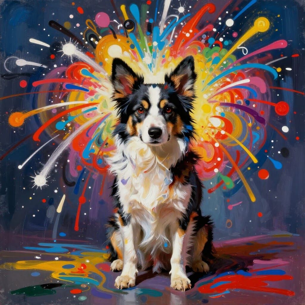 Fluffy Puppy Amidst Vibrant Paint Explosions