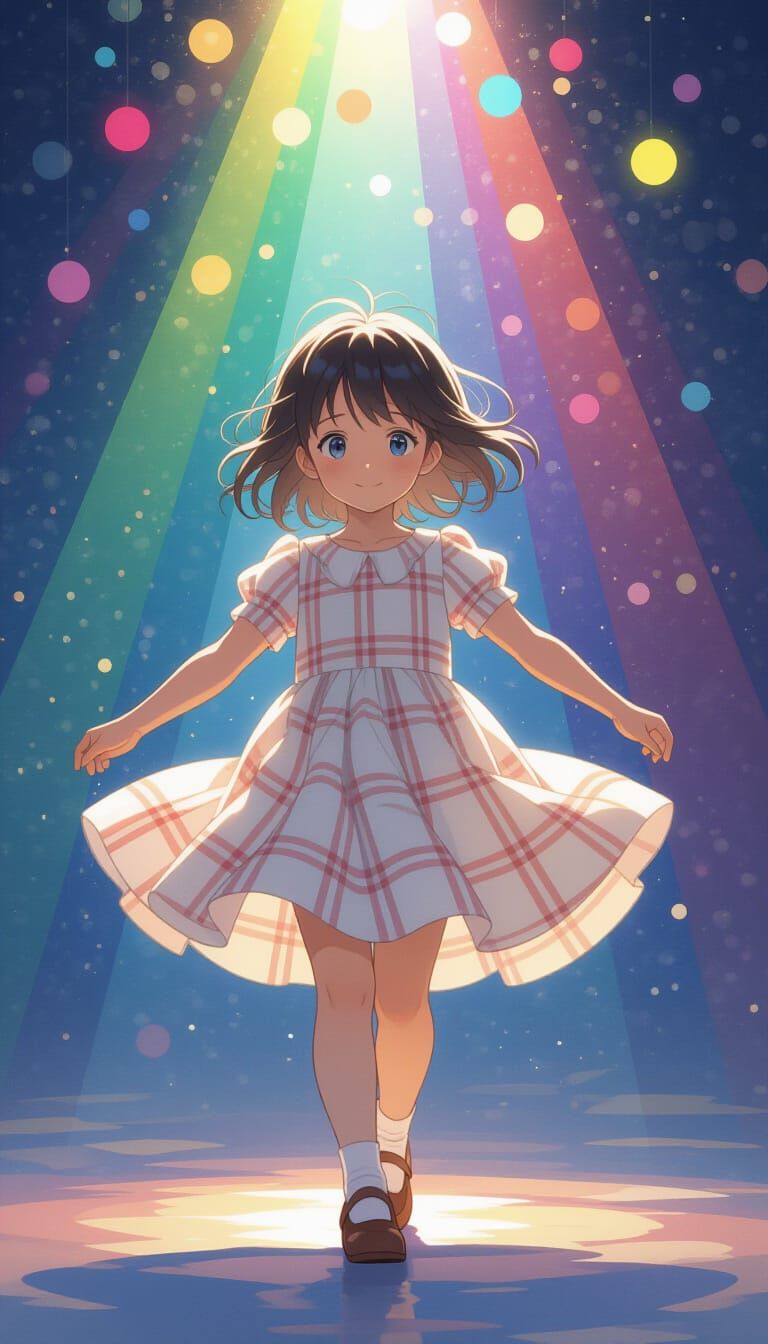 Girl Twirling Under Rainbow Lights, Digital Art