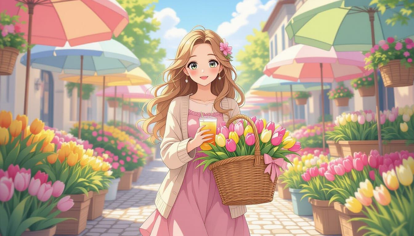 Anime Girl in Flower Market, Pastel & Ghibli Style