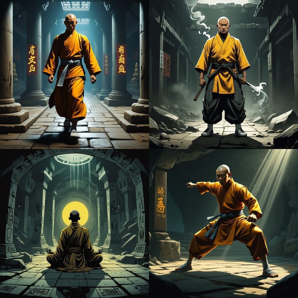 Serene Shaolin Monk in Retro Comic Art Style