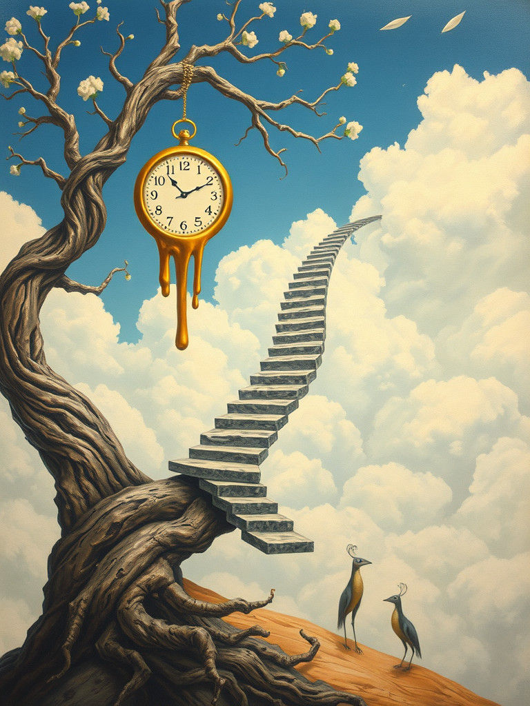 A surreal scene with a melting clock hanging from a twisted tree and a winding staircase ascending into the clouds.