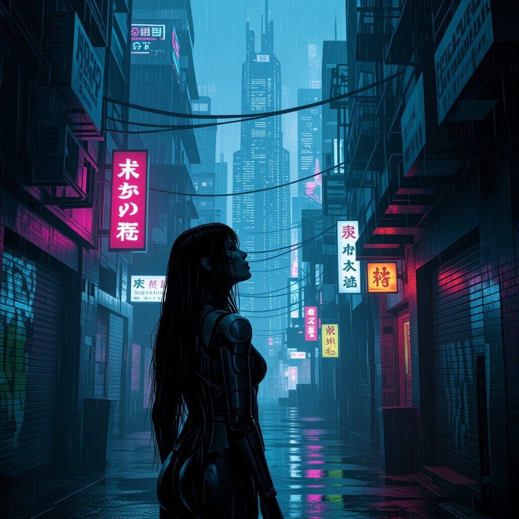 Blade Runner Poster: Android Woman in Neon Alley