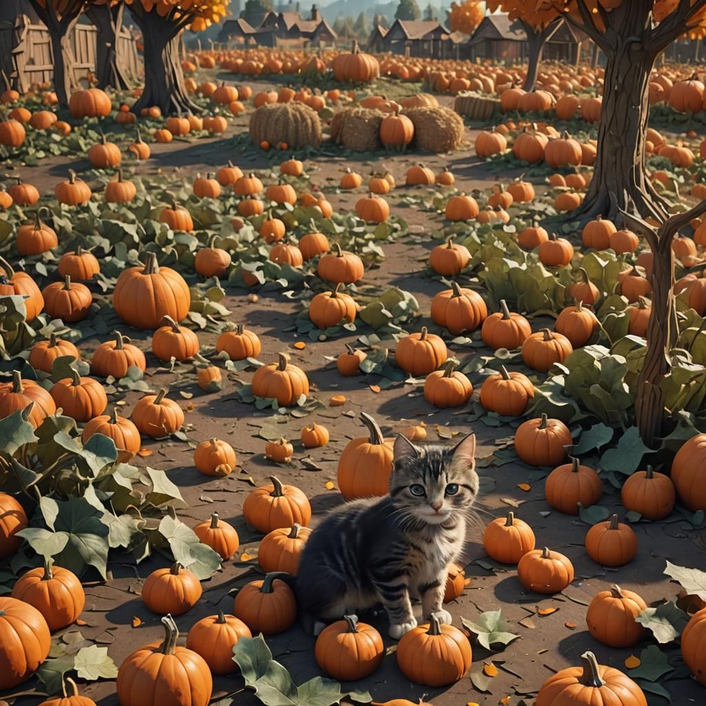 Kitten's Pumpkin Patch Adventure in Textured Paper Art