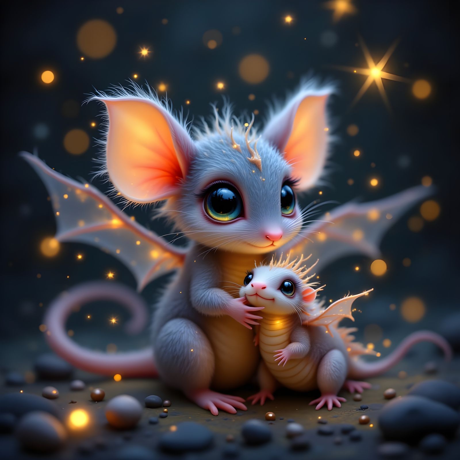 Whimsical Mouse with Wings Holds Tiny Dragon