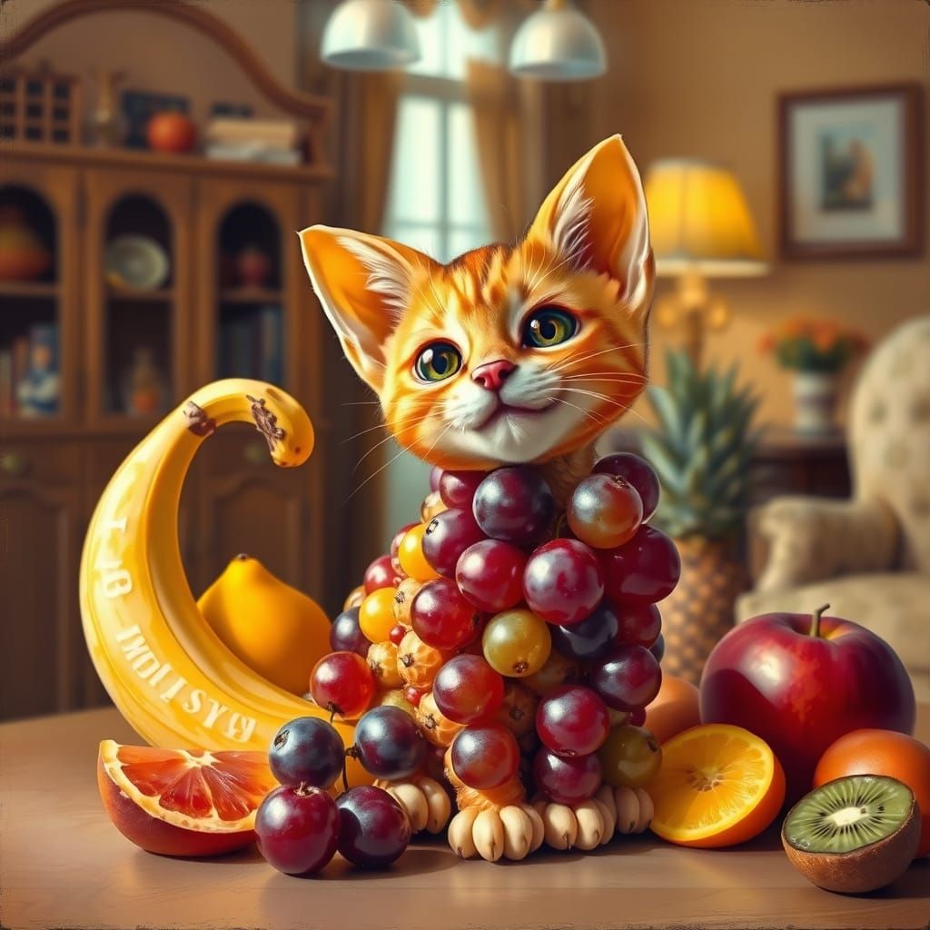Whimsical Feline Fruit Still Life