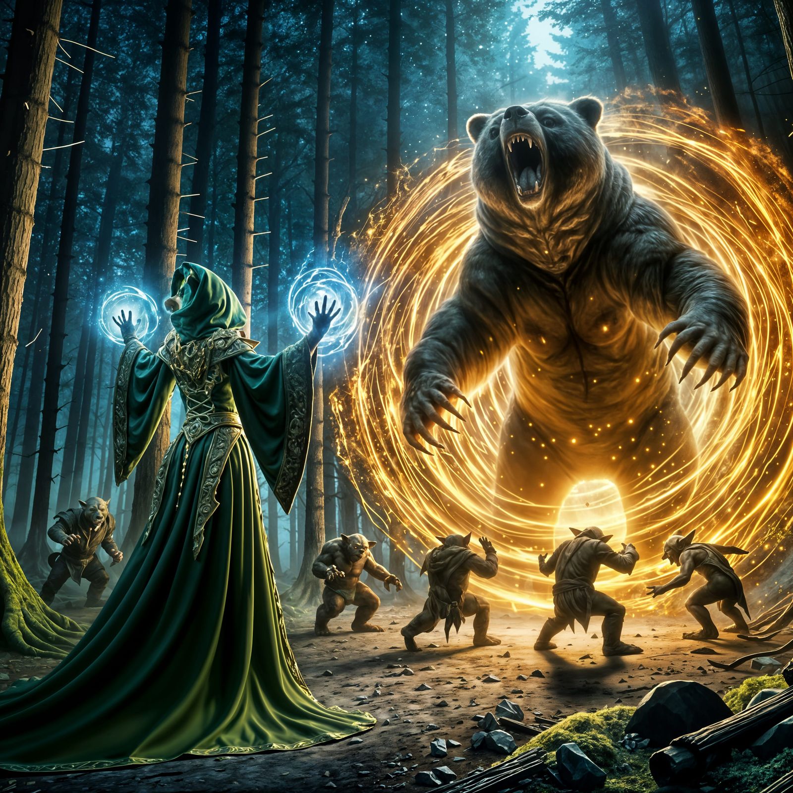 Wizard Summons a Bear in Forest Clearing