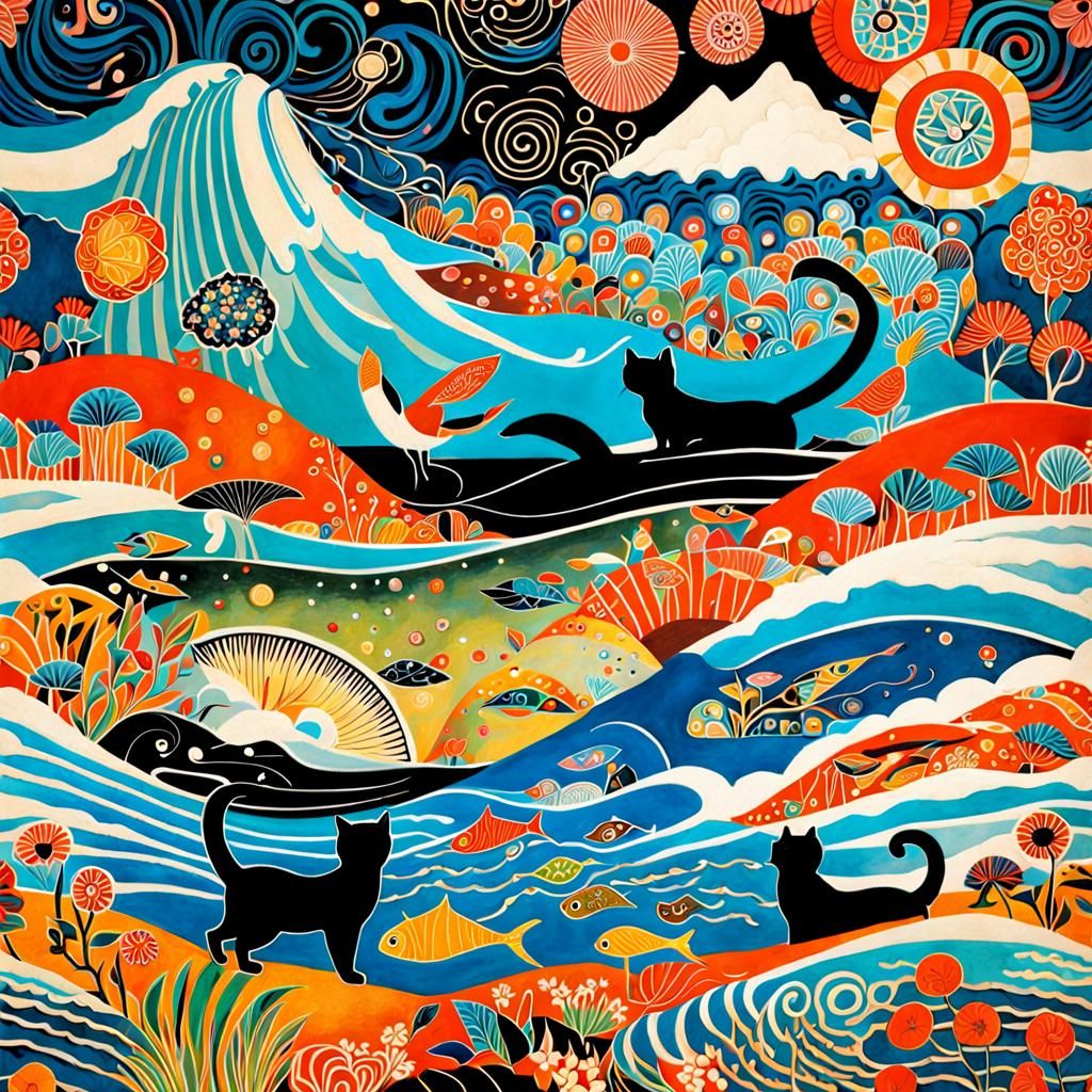 Cats Swimming: Whimsical Art in Naive Style