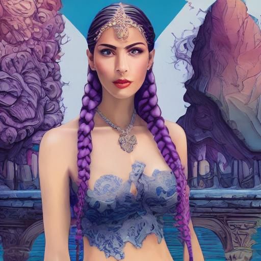 Watercolor Portrait of Girl with Purple Braids