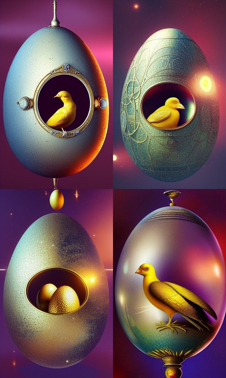 Golden Bird in Glowing Space Egg: Neosurrealist Illustration
