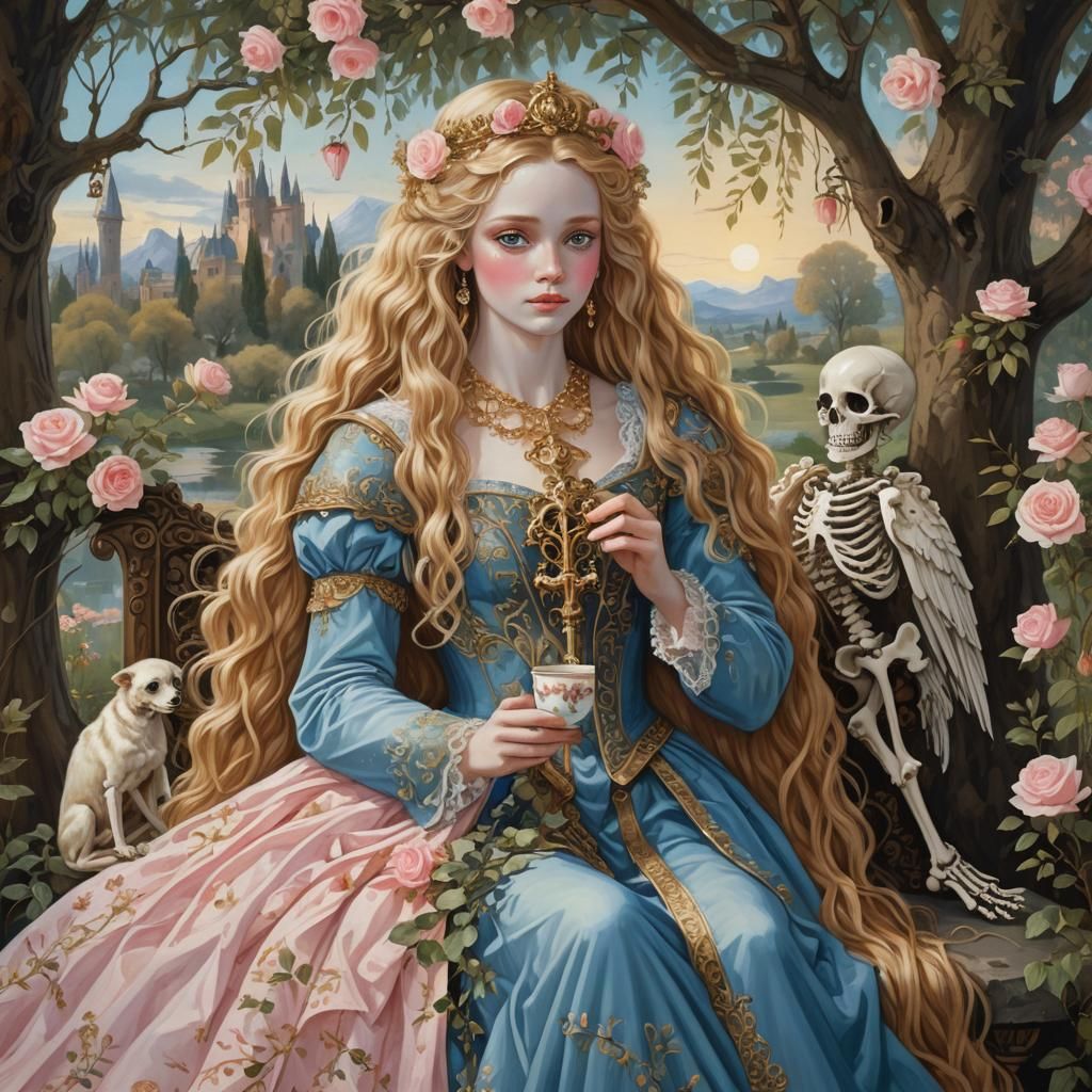 painting of a princess sitting under a willow tree, drinking tea, holding a skeleton key, with a beautiful cupid face wi...