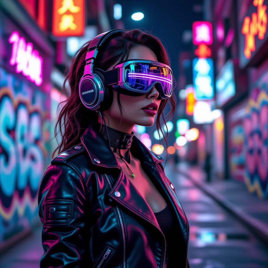Cyborg Woman in Neon Cityscape, Polychromatic Digital Art