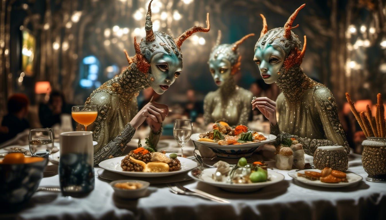 Surreal Restaurant Scene with Exotic Aliens