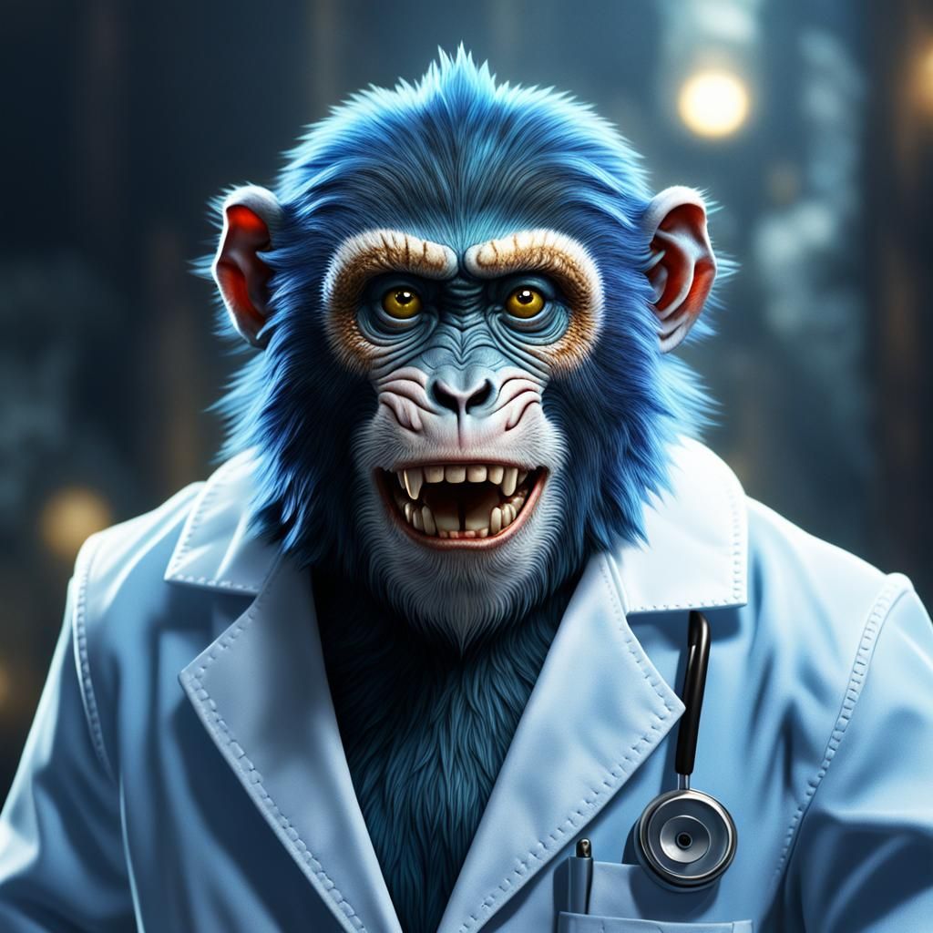 Blue Monkey in Lab Coat: Detailed Matte Painting