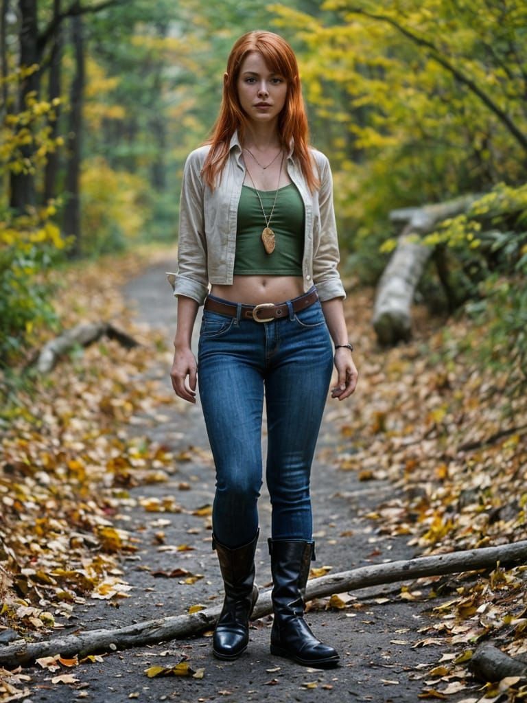 Red-Haired Elf Strolling Through Autumn Forest