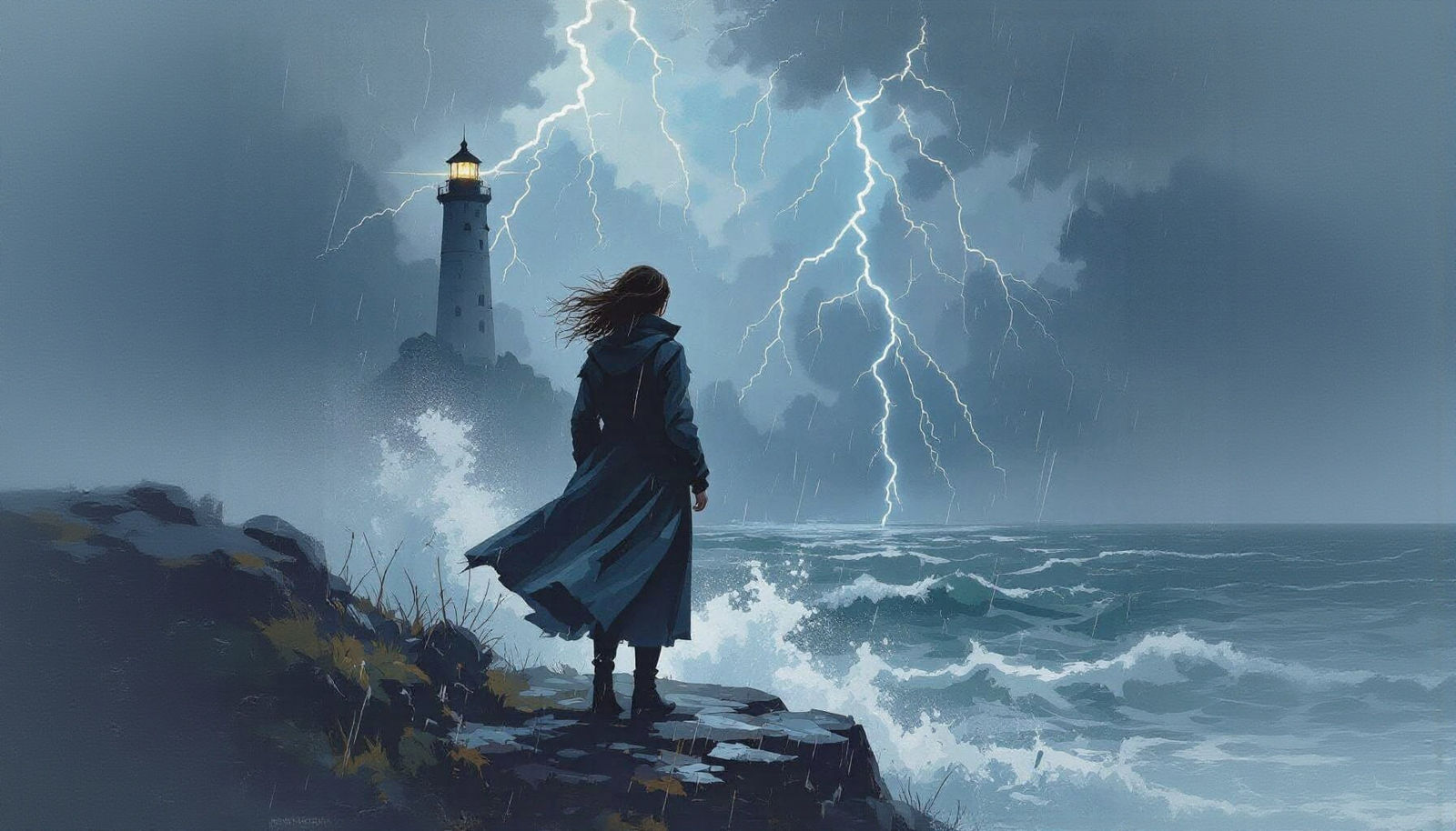 Woman on Stormy Cliff with Lighthouse, in Gouache Style
