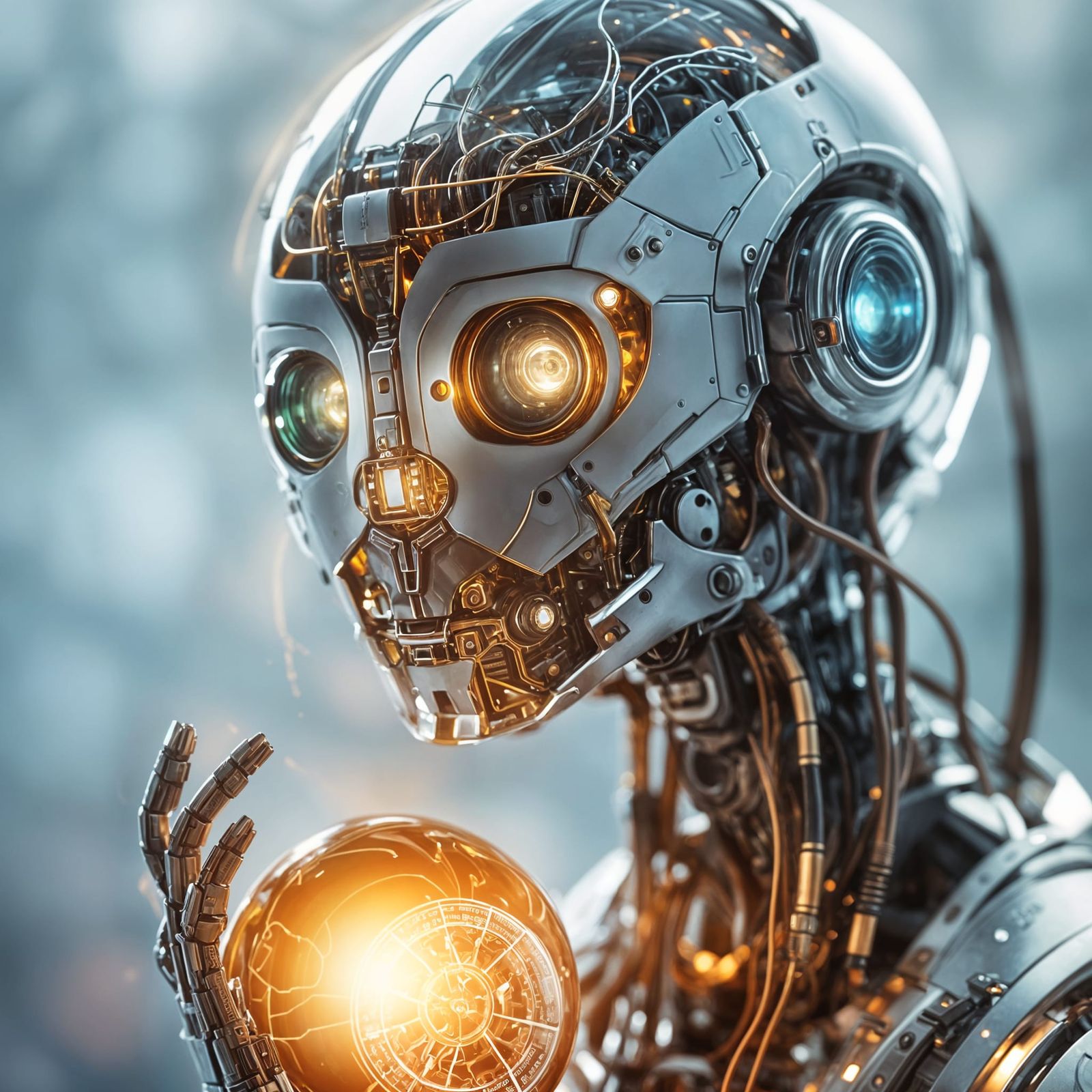 Curious Robot Examines Glowing Orb in Surreal Digital Art