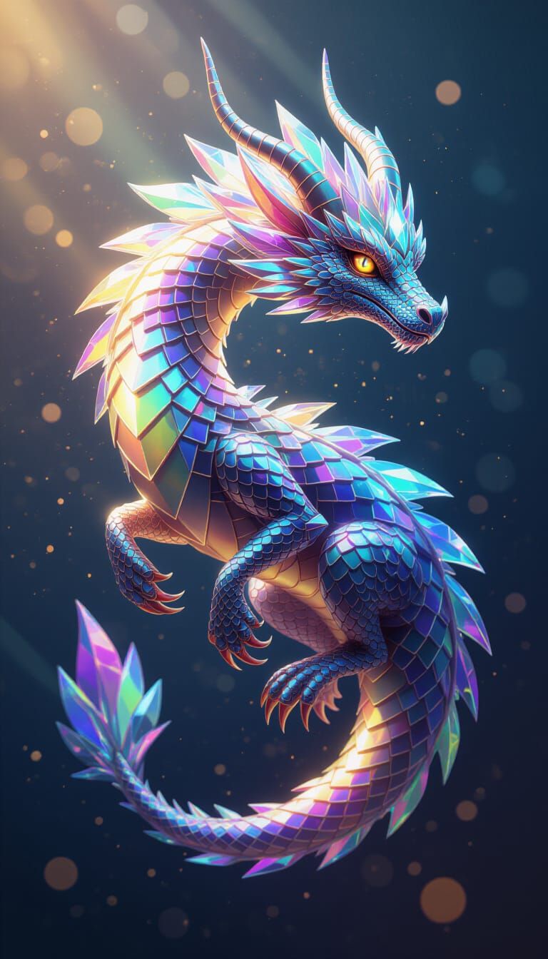 Crystal Dragon with Rainbow Reflections as Impasto Acrylic