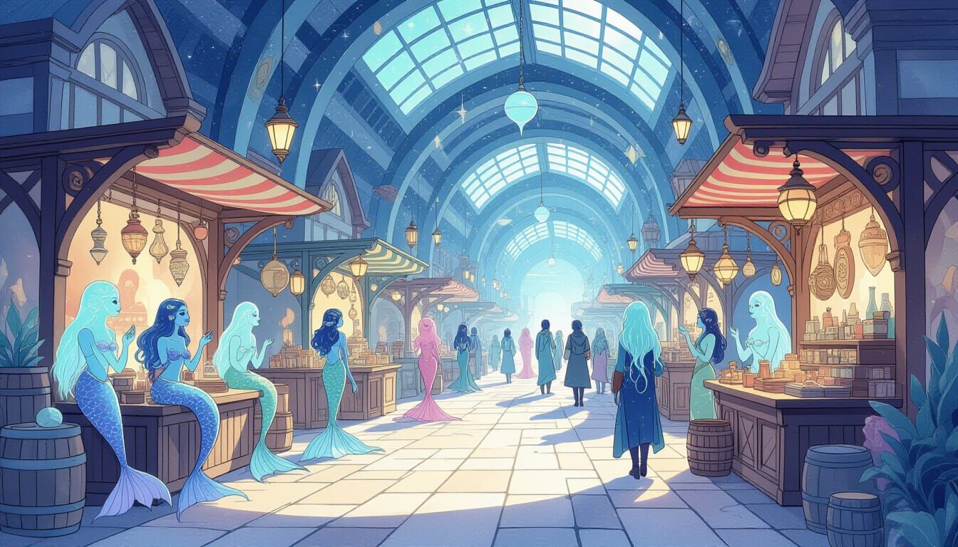 Celestial Marketplace with Mermaids and Cosmic Vendors