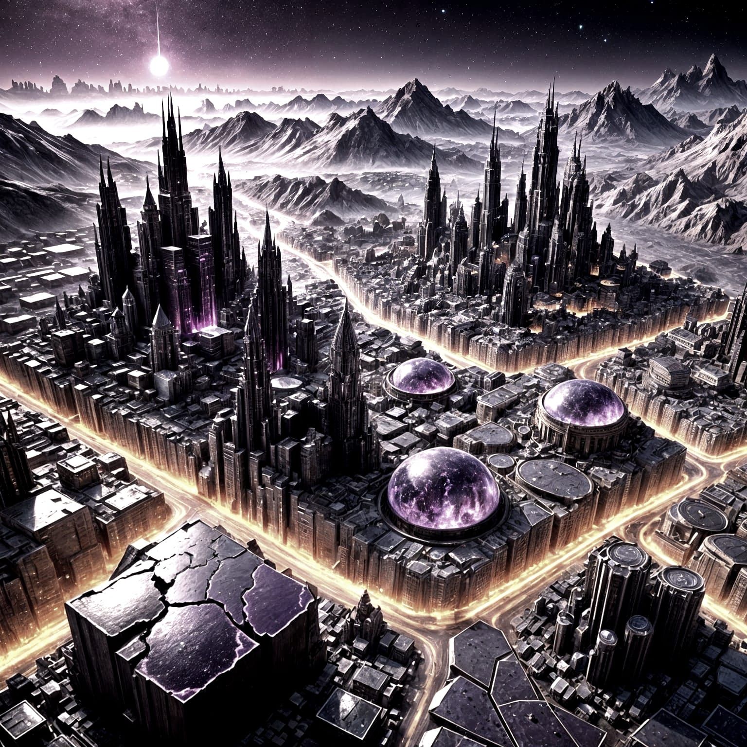 Surreal Cityscape of Minerals in a Deep Purple Void