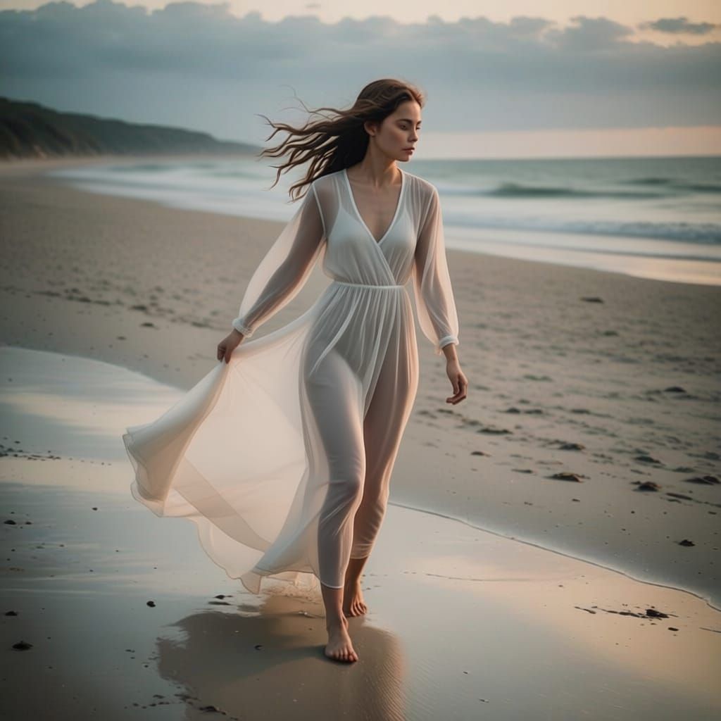 A lightly dressed woman walking on a beach, ethereal.