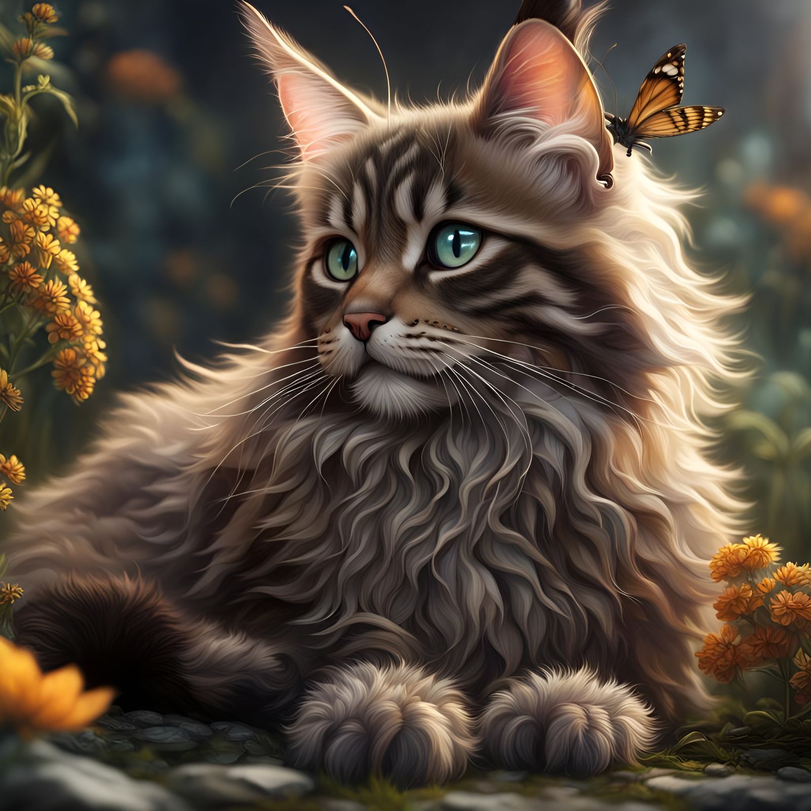 Maine Coon Kitten and Butterfly: Fantasy Art