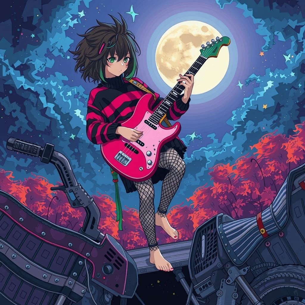 Manga-Inspired Emo Girl Plays Guitar Under Autumn Moonlight