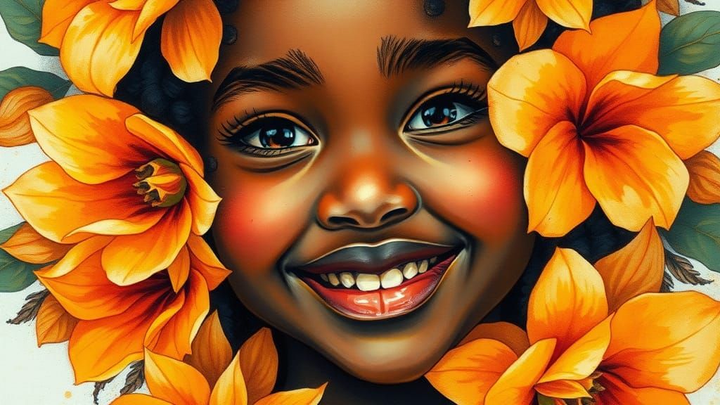 Smiling Girl Portrait in Expressionist Mixed Media