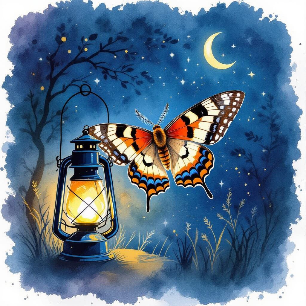 Moth Fluttering by Lantern in Watercolor Alcohol Ink Style