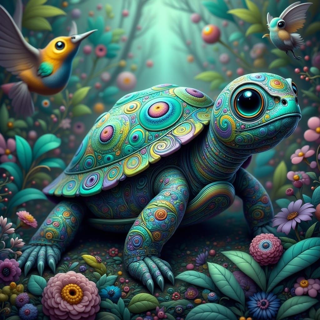 Enchanted Turtle-Kitten Hybrid in Vibrant, Whimsical Realm