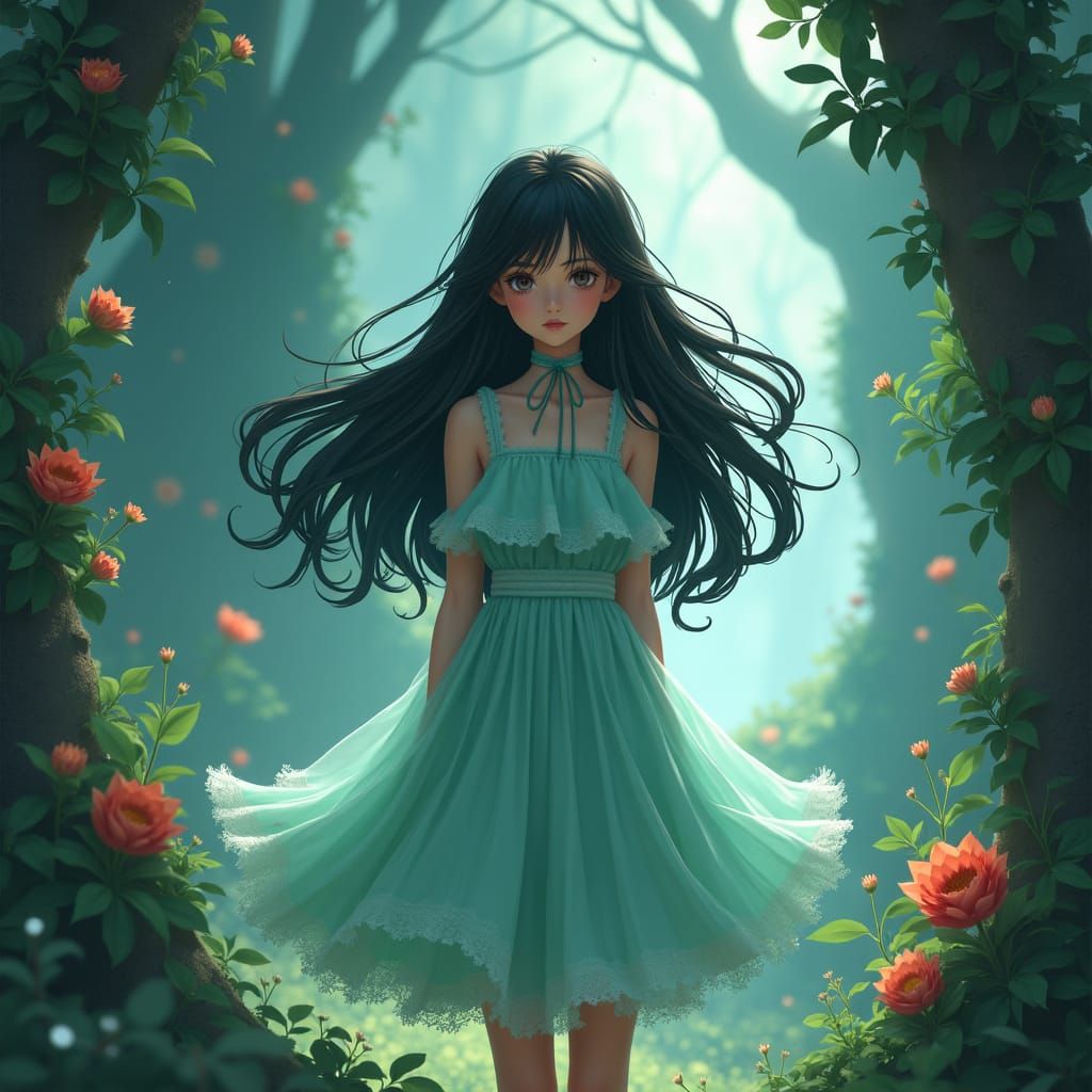 Dreamlike Girl in Mint Dress, Cel-Shaded Anime Style