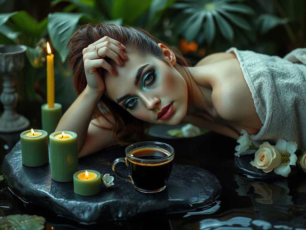 Serene Woman with Striking Makeup in Dreamy Landscape