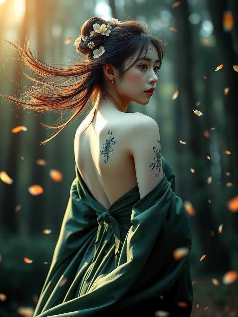 Ethereal Asian Beauty with Flower Tattoos in Dreamy Forest