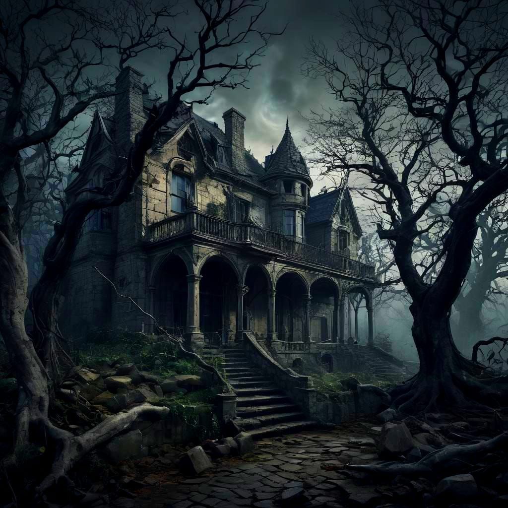 Dramatic Haunted House at Night in Hyperrealism