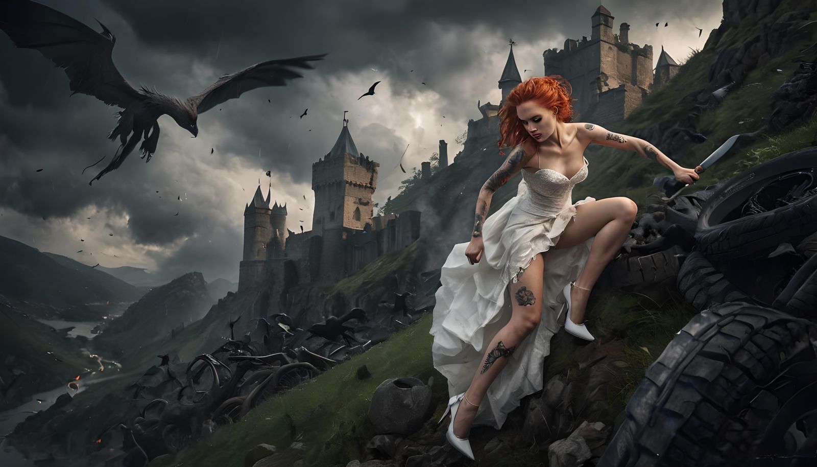 Stormy Fantasy: Tattooed Woman in Ruined Landscape