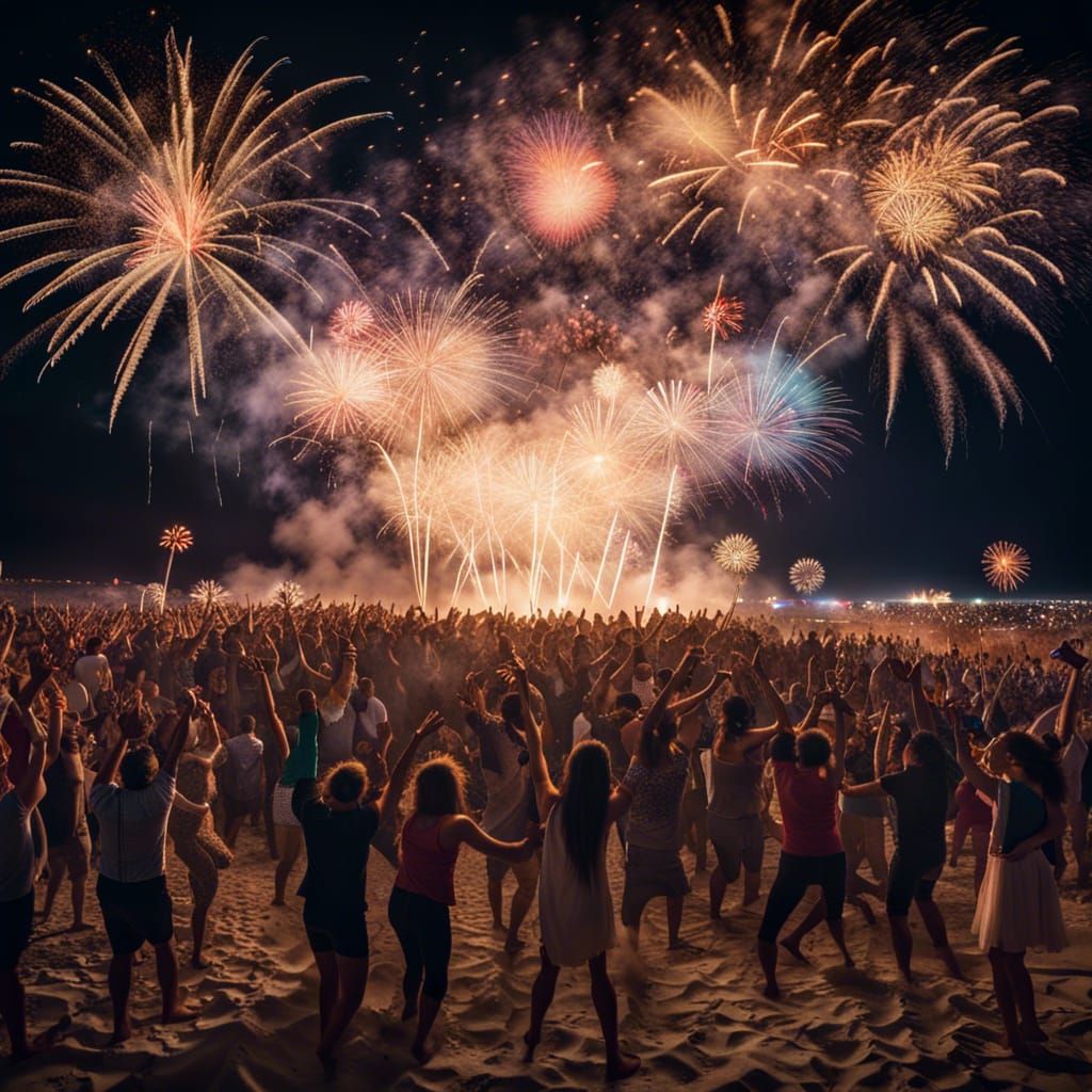 Beach Party Celebration with Fireworks at Night