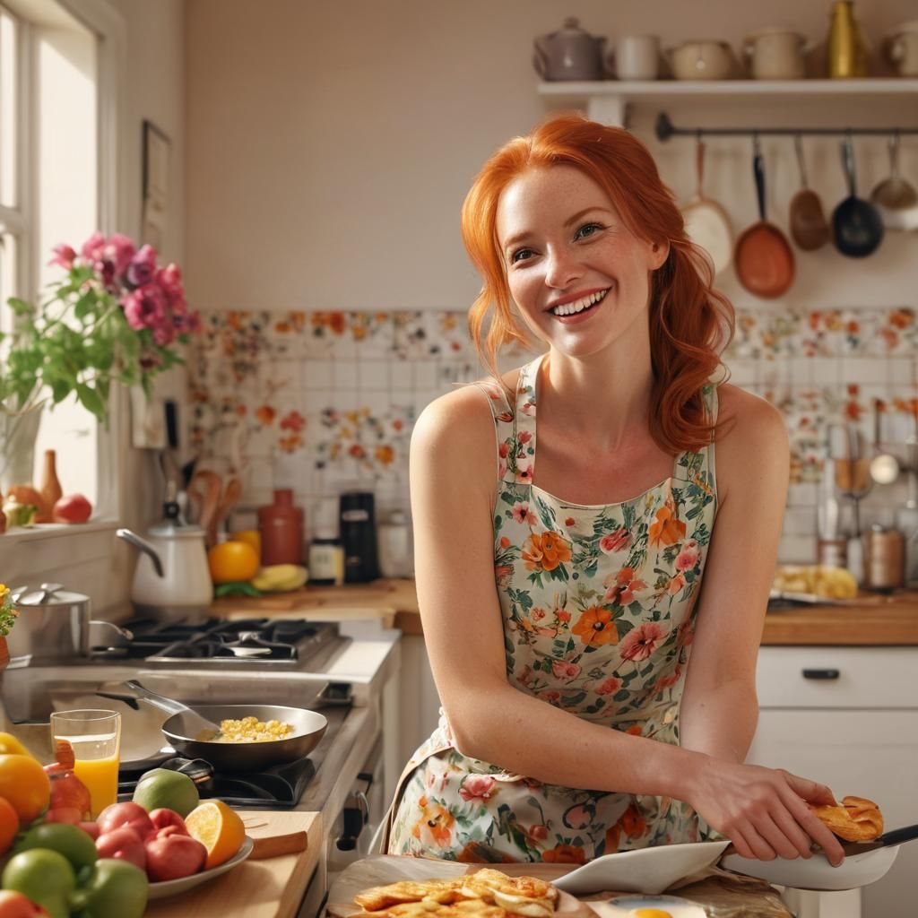 Redhead Woman Cooking Breakfast in Hyperrealistic Style