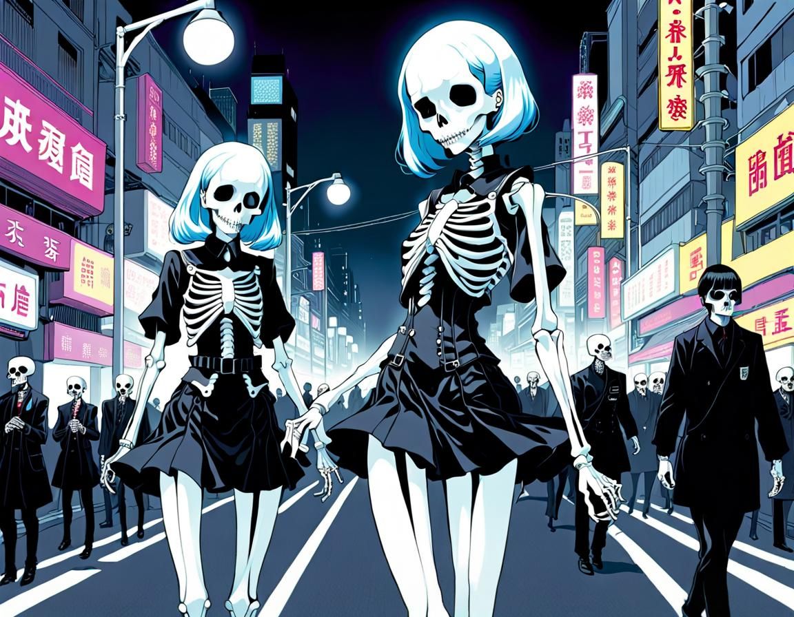 Cyberpunk Skeletons Dance in Gothic City Illustration