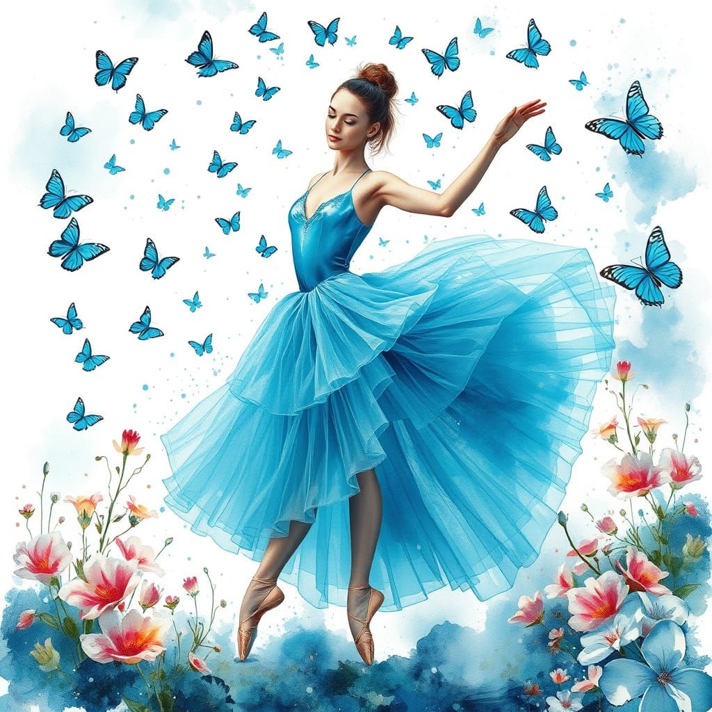 Turquoise Ballerina Dancing with Butterflies, in Watercolor ...