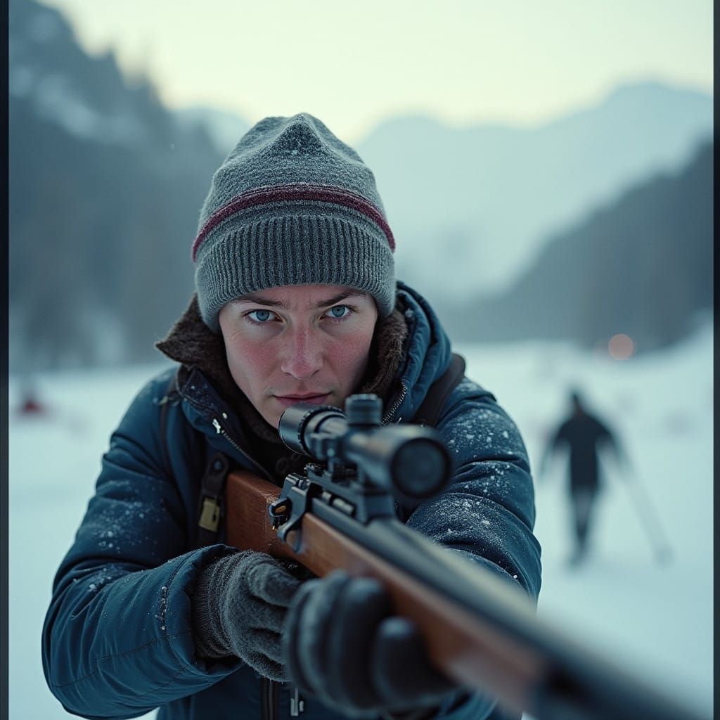Cinematic Biathlon Athlete in Chilling Winter Landscape